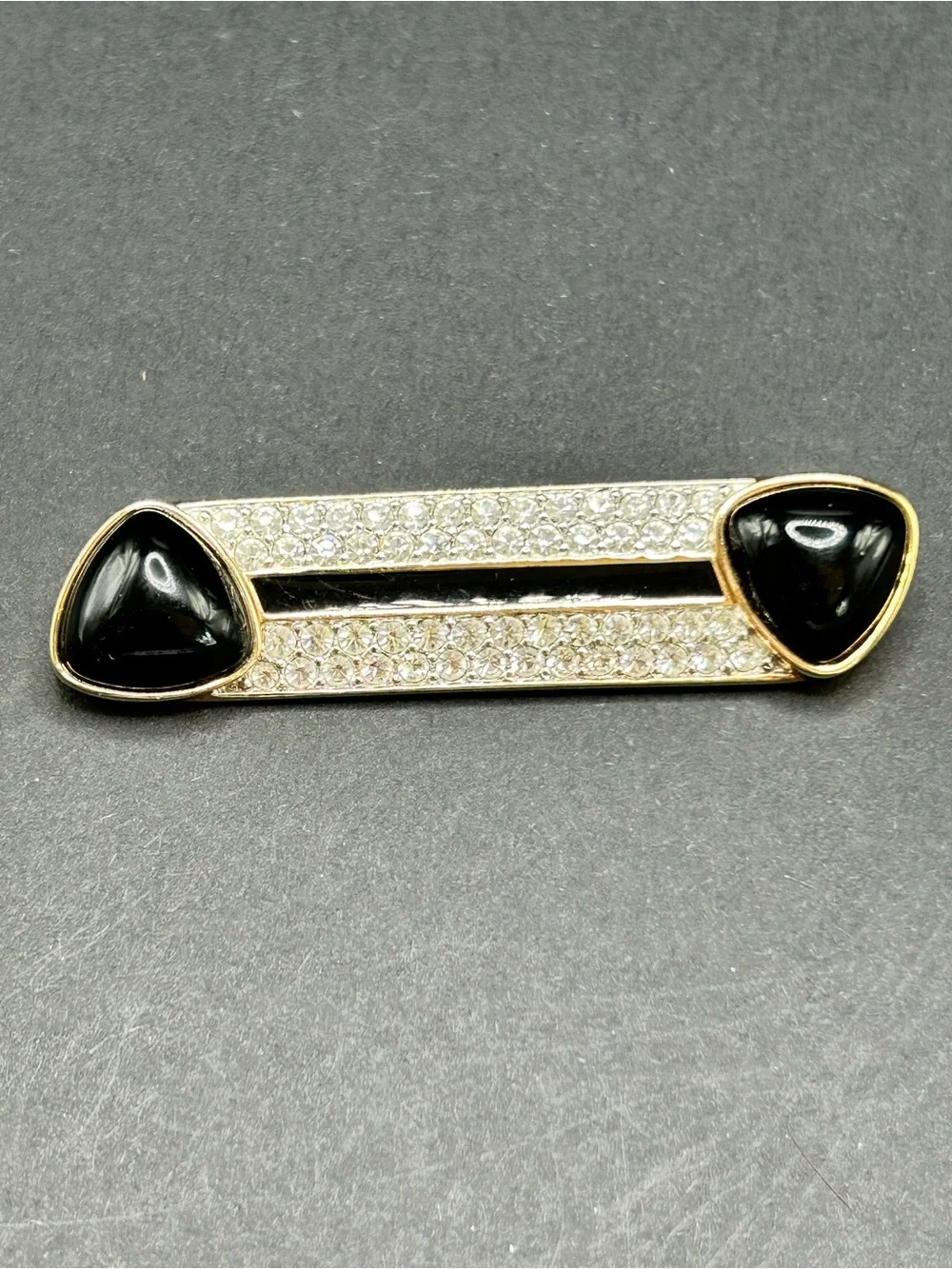 VTG‎ DSCo Swarovski Gold Tone Crystal Black Onyx Enamel Bar Brooch Pin